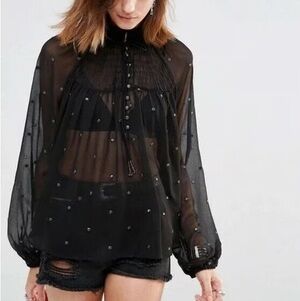 Free People Black Sheer Georgette Metallic Dots Women's Top
